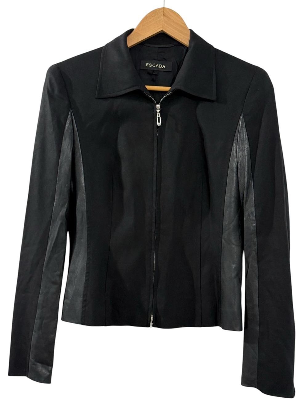 ESCADA Black Zip-Front Jacket Leather-Look Panels EU 34